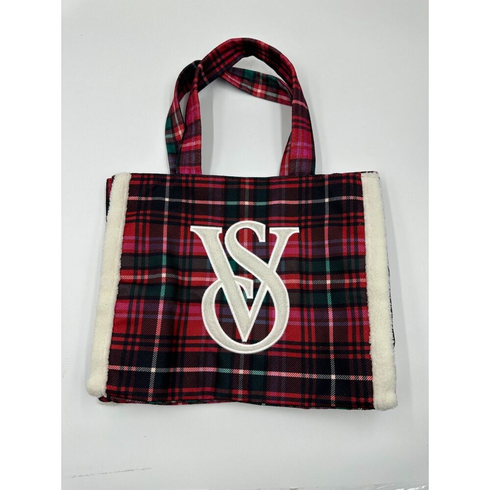 Victoria's Secret Shoulder Tote Two Straps Plaid Pattern Logo 13 x 15 Limited Ed